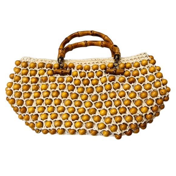 Vintage 50s Beaded Handbag brass Bamboo Handle Wicked Weave Made in Japan - Picture 9 of 12